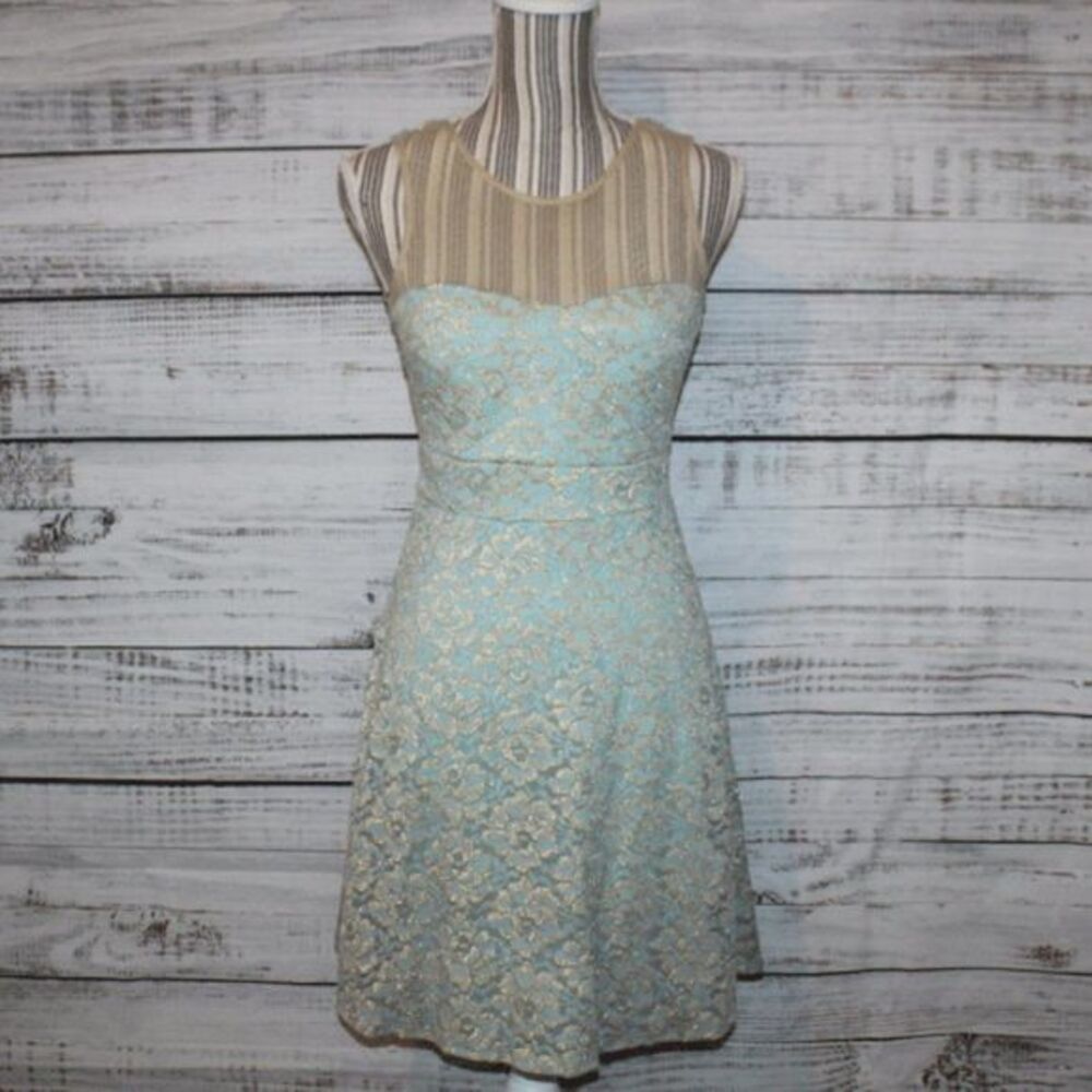 Windsor Floaty Gold & Mint Mini Dress Size Large - Picture 2 of 7